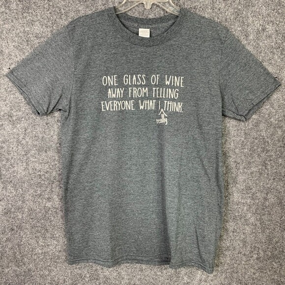 Gildan Activewear Text Tee Unisex Women M Gray “glass of wine . .” Cotton Blend - Picture 1 of 8